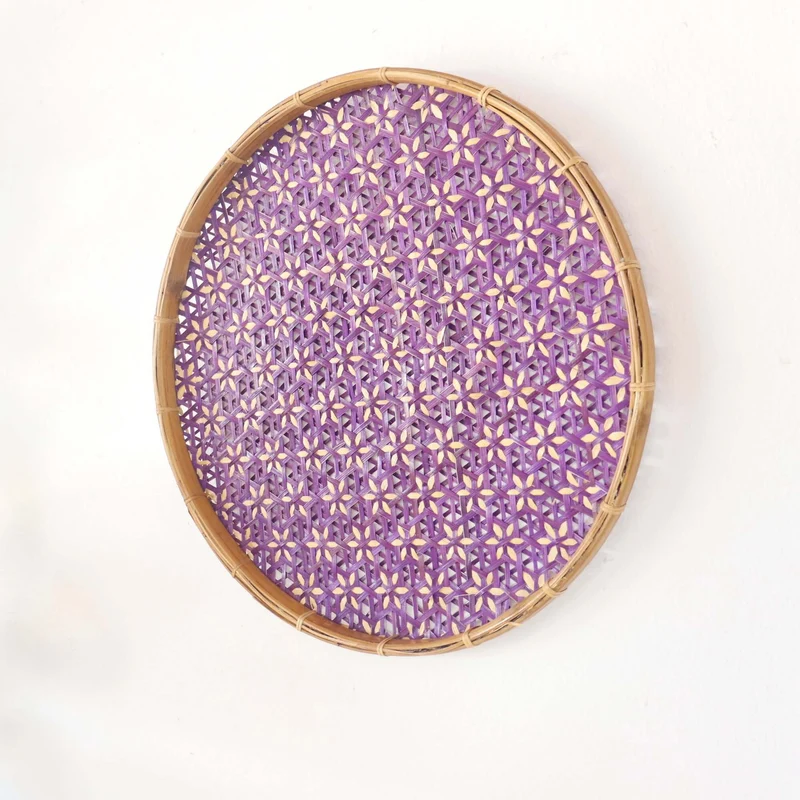 Purple Bamboo Hanging Basket Wall Decor — Boho Handwoven Floral Wicker Wall Art, 13 in
