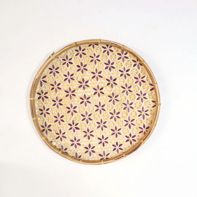 Gold & Purple Bamboo Basket Wall Decor — Boho Handwoven Floral Wicker Wall Art, 10–13 in