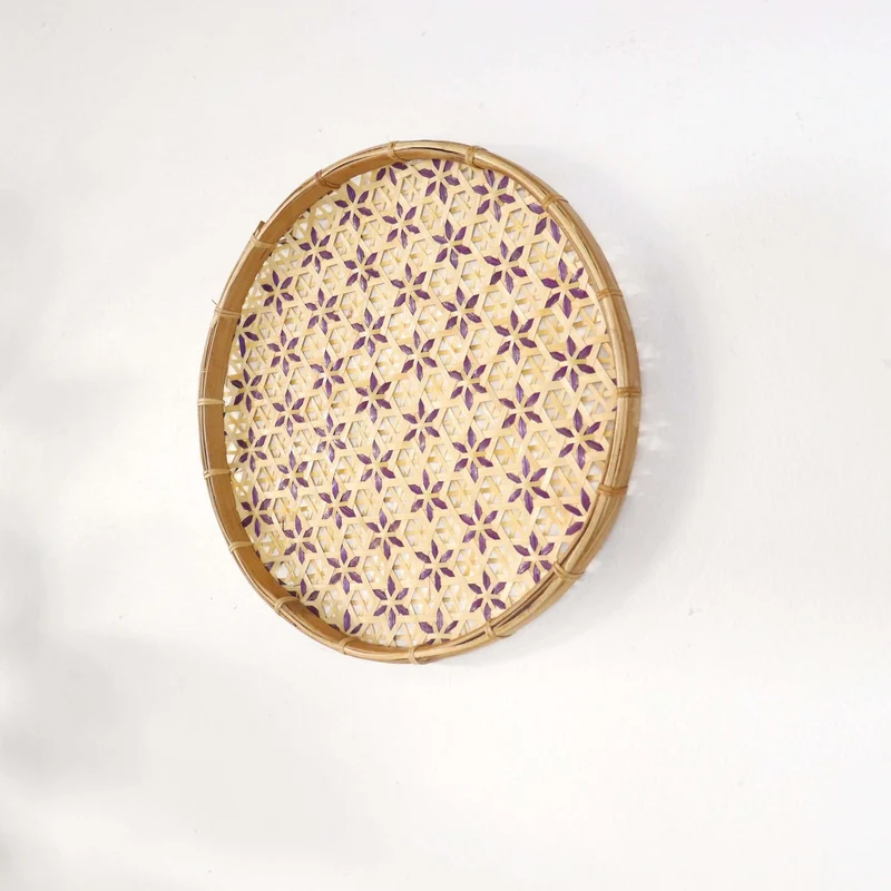 Gold & Purple Bamboo Basket Wall Decor — Boho Handwoven Floral Wicker Wall Art, 10–13 in