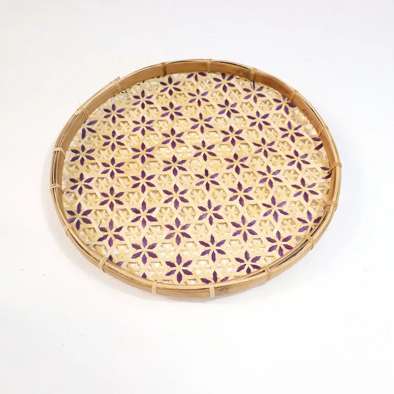 Gold & Purple Bamboo Basket Wall Decor — Boho Handwoven Floral Wicker Wall Art, 10–13 in