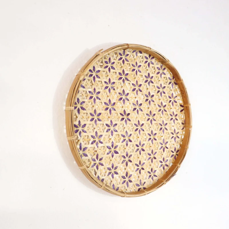 Gold & Purple Bamboo Basket Wall Decor — Boho Handwoven Floral Wicker Wall Art, 10–13 in