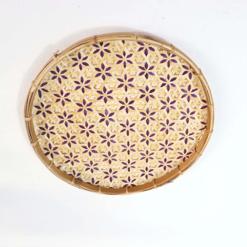 Gold & Purple Bamboo Basket Wall Decor — Boho Handwoven Floral Wicker Wall Art, 10–13 in