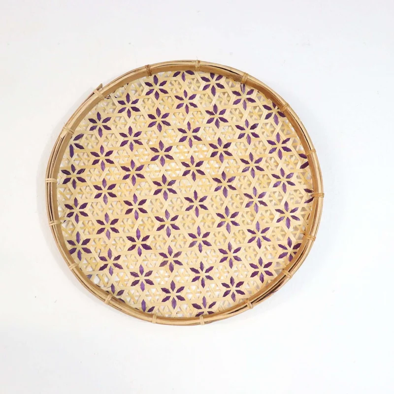 Gold & Purple Bamboo Basket Wall Decor — Boho Handwoven Floral Wicker Wall Art, 10–13 in