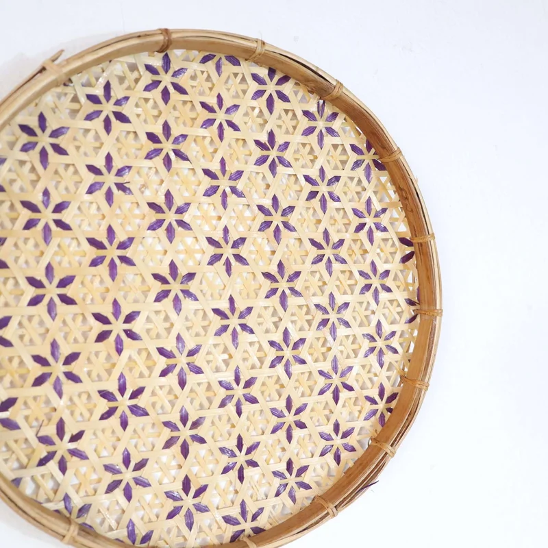 Gold & Purple Bamboo Basket Wall Decor — Boho Handwoven Floral Wicker Wall Art, 10–13 in