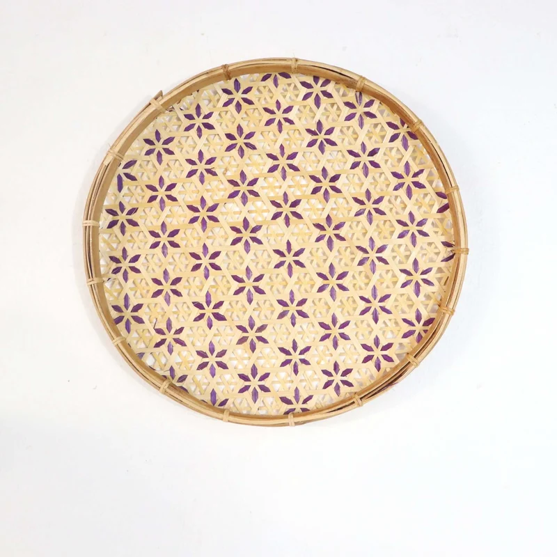 Gold & Purple Bamboo Basket Wall Decor — Boho Handwoven Floral Wicker Wall Art, 10–13 in
