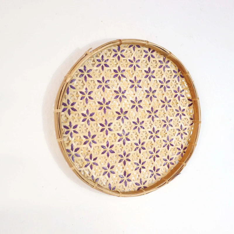 Gold & Purple Bamboo Basket Wall Decor — Boho Handwoven Floral Wicker Wall Art, 10–13 in