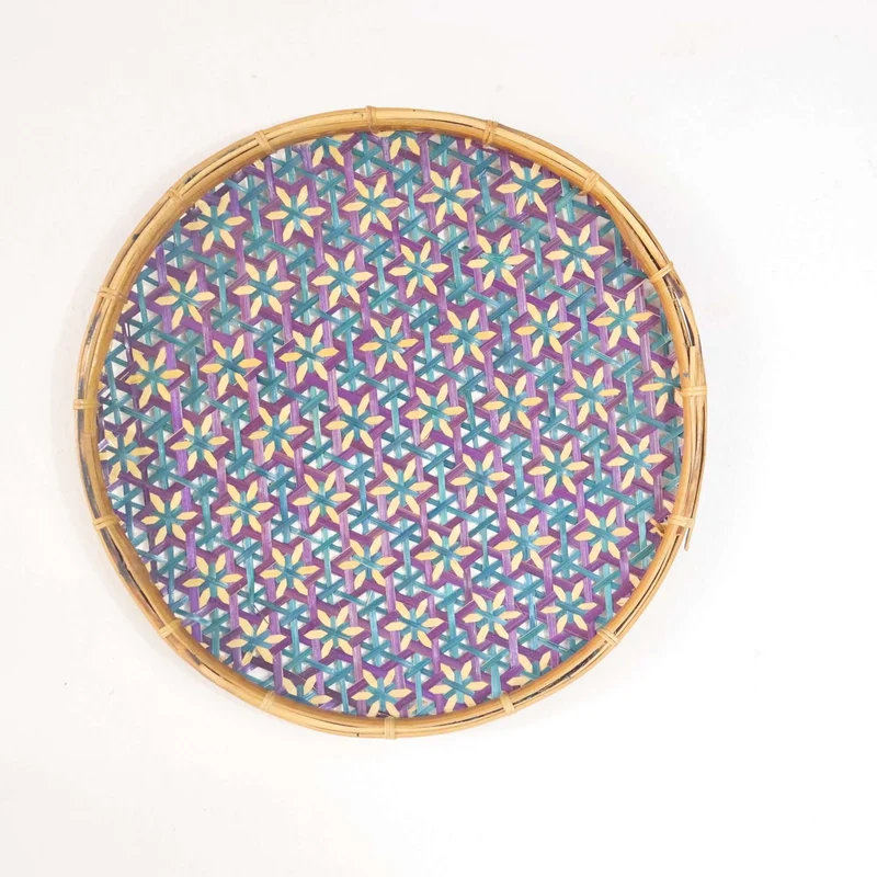 Purple & Teal Bamboo Basket Wall Decor — Boho Handwoven Floral Star Wicker Wall Art, 10 in