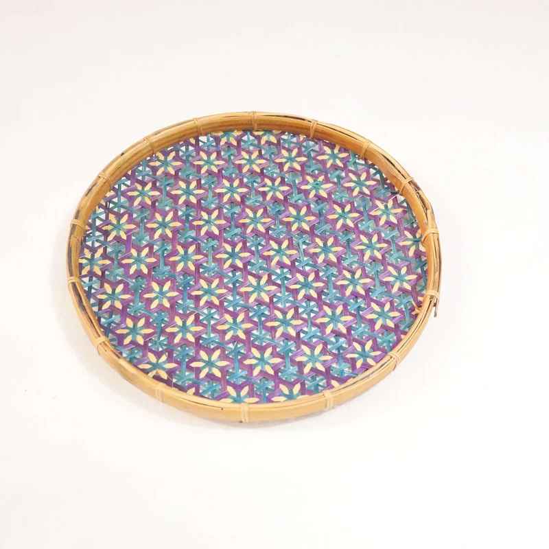 Purple & Teal Bamboo Basket Wall Decor — Boho Handwoven Floral Star Wicker Wall Art, 10 in