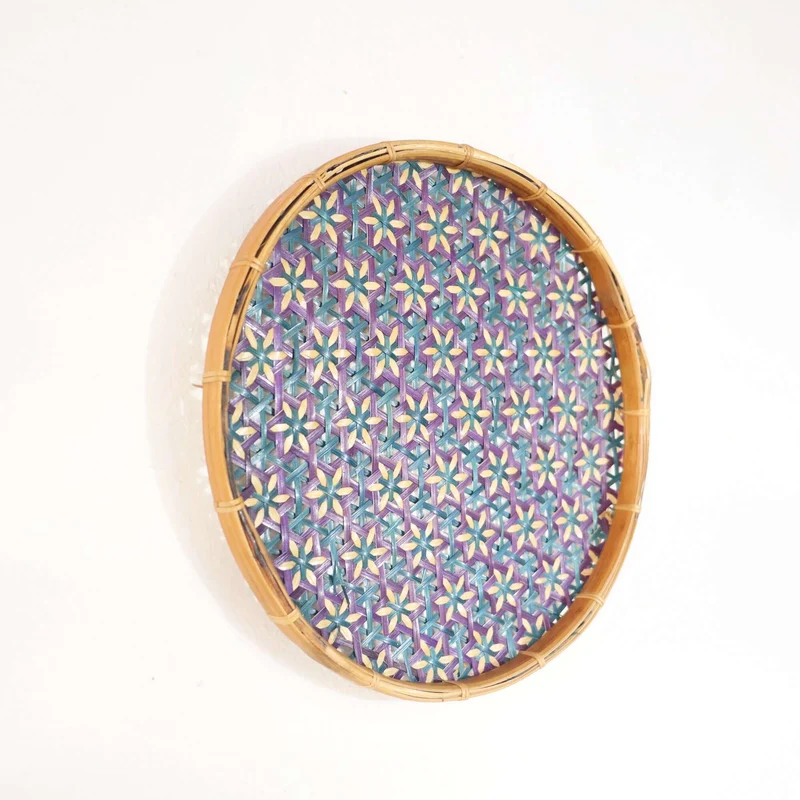 Purple & Teal Bamboo Basket Wall Decor — Boho Handwoven Floral Star Wicker Wall Art, 10 in