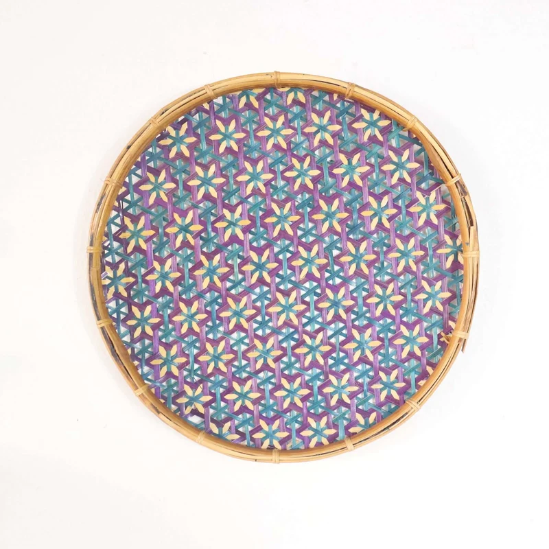 Purple & Teal Bamboo Basket Wall Decor — Boho Handwoven Floral Star Wicker Wall Art, 10 in