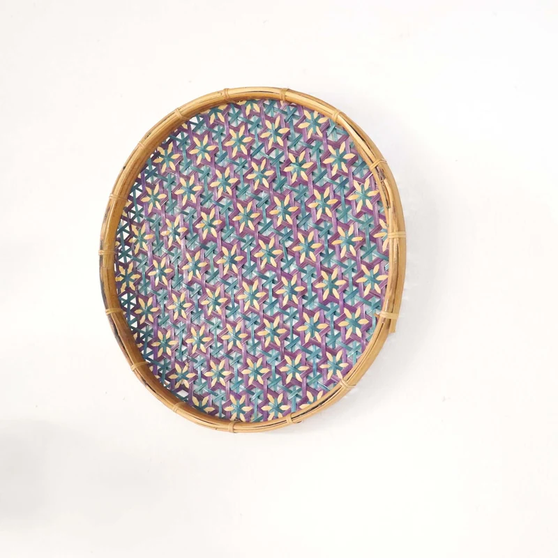 Purple & Teal Bamboo Basket Wall Decor — Boho Handwoven Floral Star Wicker Wall Art, 10 in