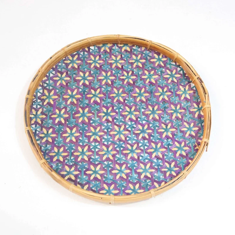 Purple & Teal Bamboo Basket Wall Decor — Boho Handwoven Floral Star Wicker Wall Art, 10 in