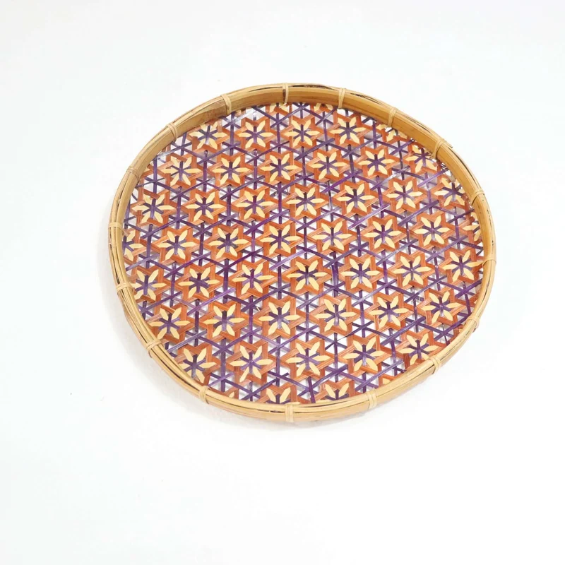 Orange & Purple Bamboo Basket Wall Decor — Boho Handwoven Starburst Wicker Wall Art, 10 in