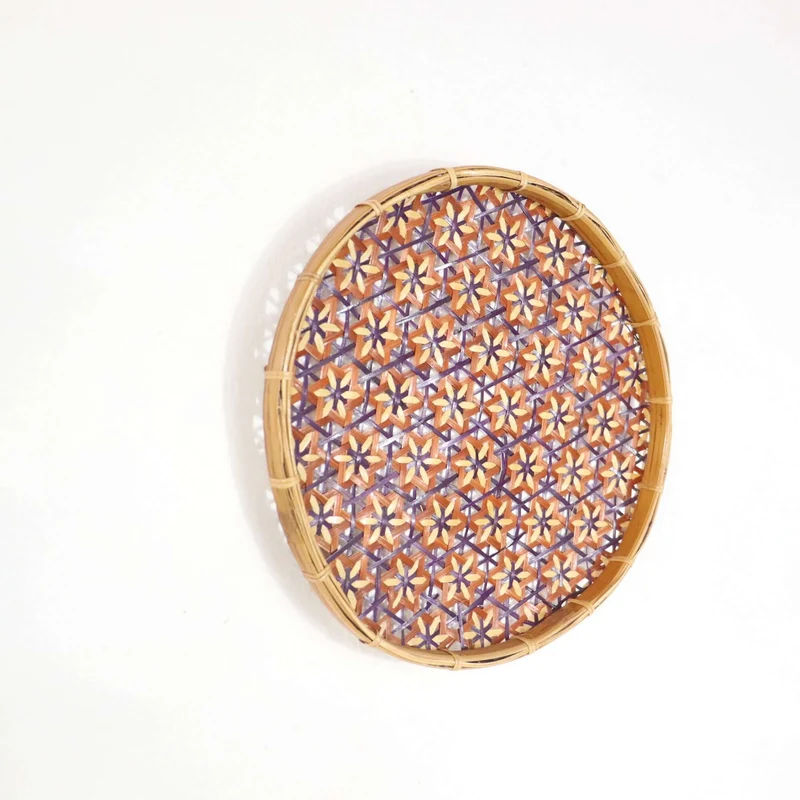 Orange & Purple Bamboo Basket Wall Decor — Boho Handwoven Starburst Wicker Wall Art, 10 in