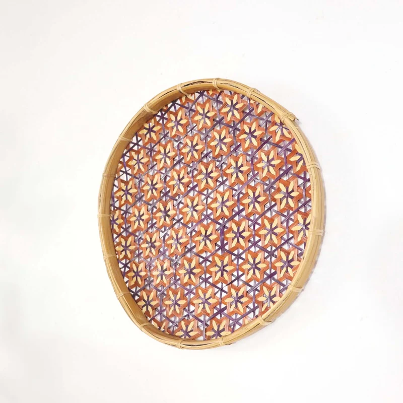 Orange & Purple Bamboo Basket Wall Decor — Boho Handwoven Starburst Wicker Wall Art, 10 in