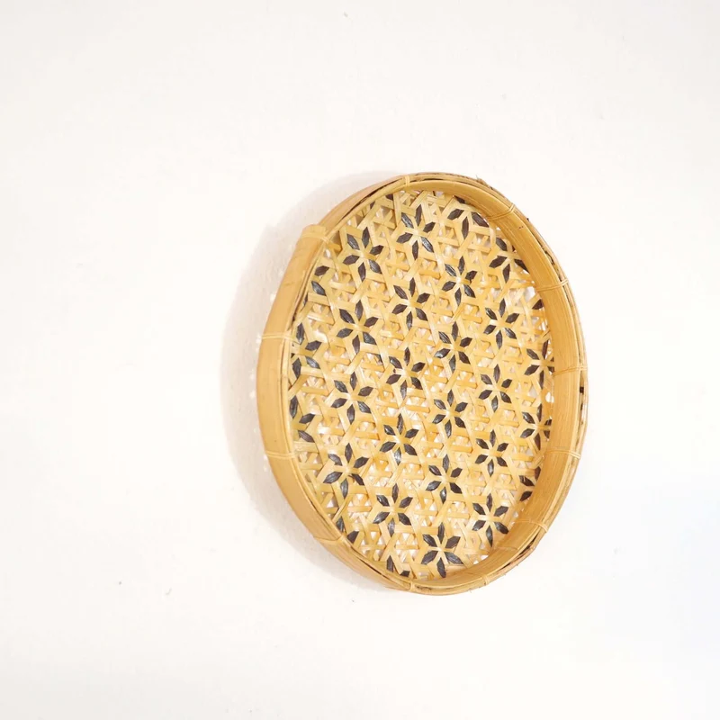 Natural Gold Bamboo Wall Plate Decor — Boho Handwoven Star-Pattern Wicker Wall Art, 8 in