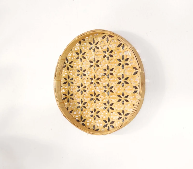 Natural Gold Bamboo Wall Plate Decor — Boho Handwoven Star-Pattern Wicker Wall Art, 8 in