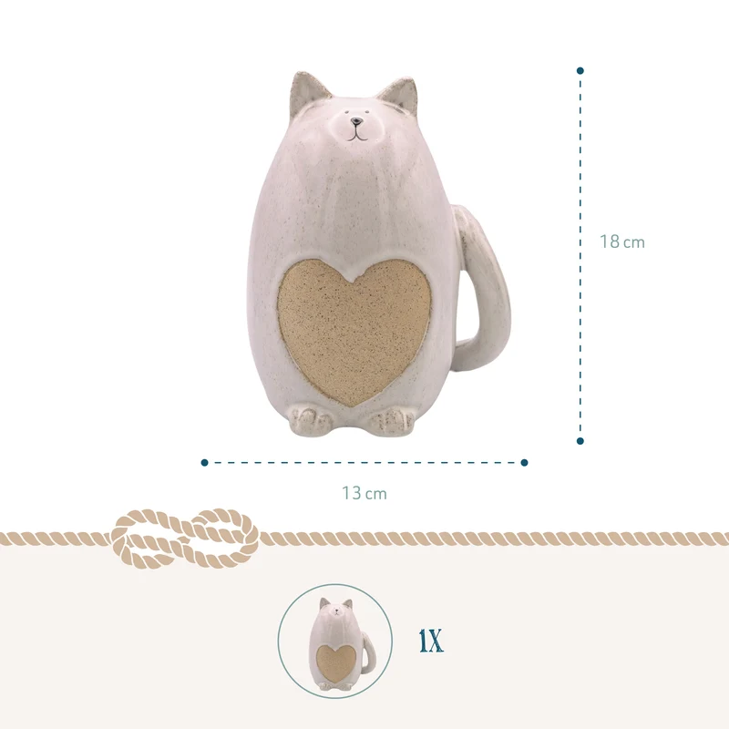 Spardose Katze Keramik 17 cm in Naturton mit Herzdetail