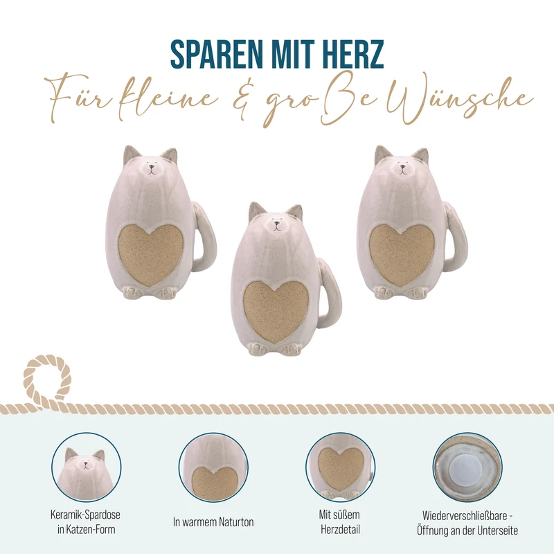 Spardose Katze Keramik 17 cm in Naturton mit Herzdetail