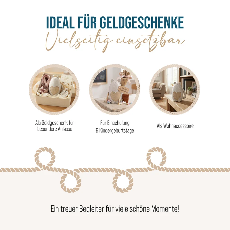 Spardose Katze Keramik 17 cm in Naturton mit Herzdetail