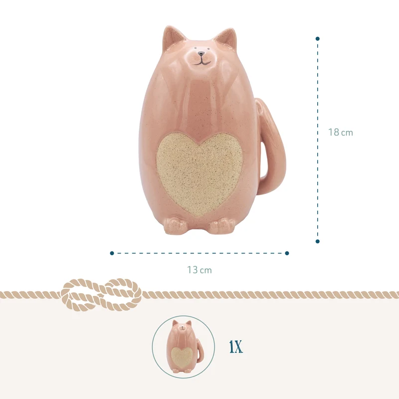 Spardose Katze Keramik 17 cm in Creme-Rosé mit Herzdetail