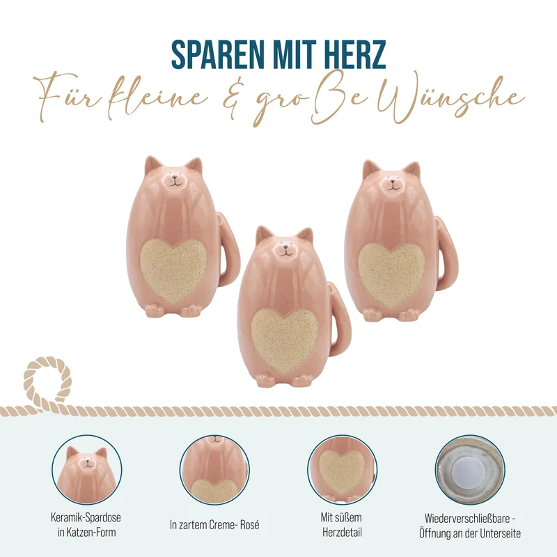 Spardose Katze Keramik 17 cm in Creme-Rosé mit Herzdetail