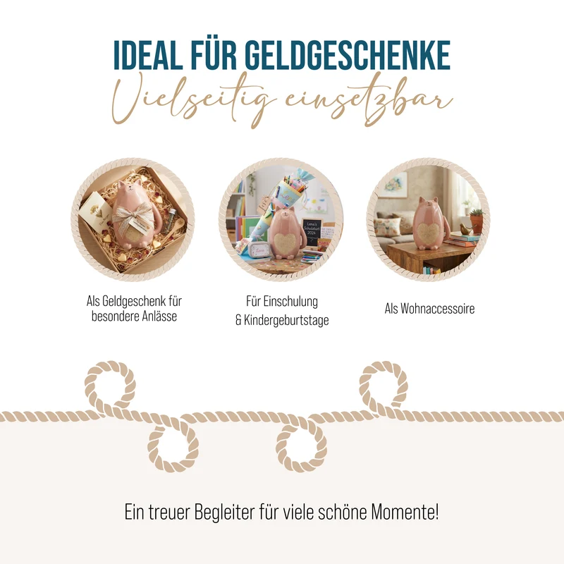Spardose Katze Keramik 17 cm in Creme-Rosé mit Herzdetail