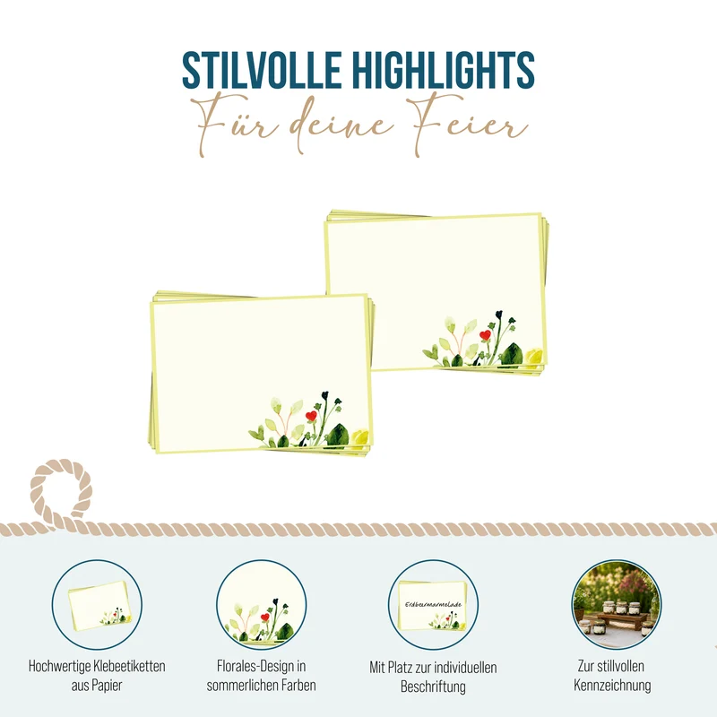 Etiketten floral 25er-Set 7,4 x 5,2 cm, Papier-Aufkleber beschreibbar – für Marmelade, Vorratsgläser & Geschenke