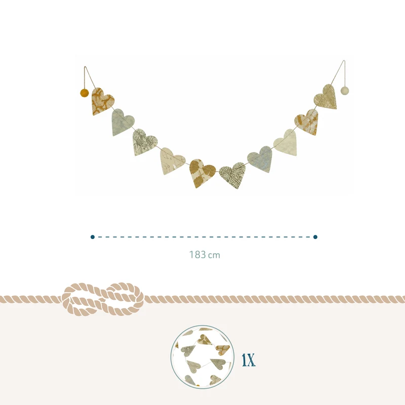 Girlande Herzen Metallic Gold und Silber aus Naturpapier und Filz 183 cm handgefertigt in Nepal