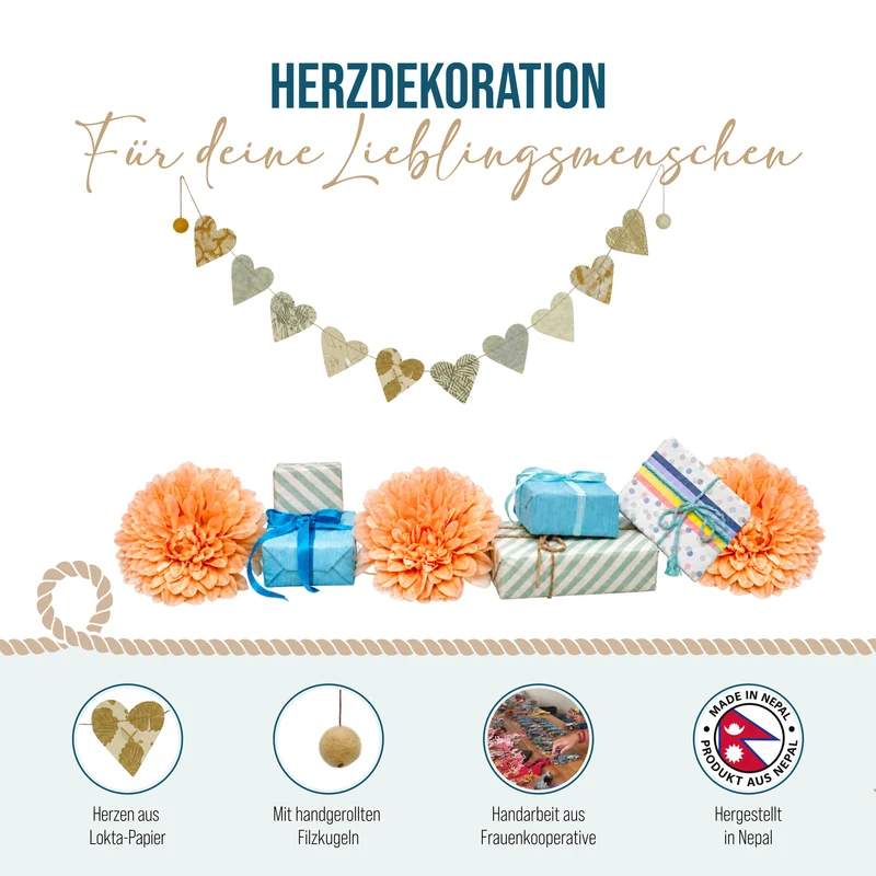 Girlande Herzen Metallic Gold und Silber aus Naturpapier und Filz 183 cm handgefertigt in Nepal