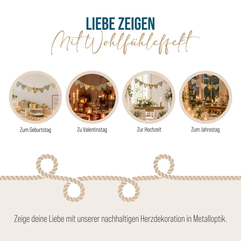 Girlande Herzen Metallic Gold und Silber aus Naturpapier und Filz 183 cm handgefertigt in Nepal