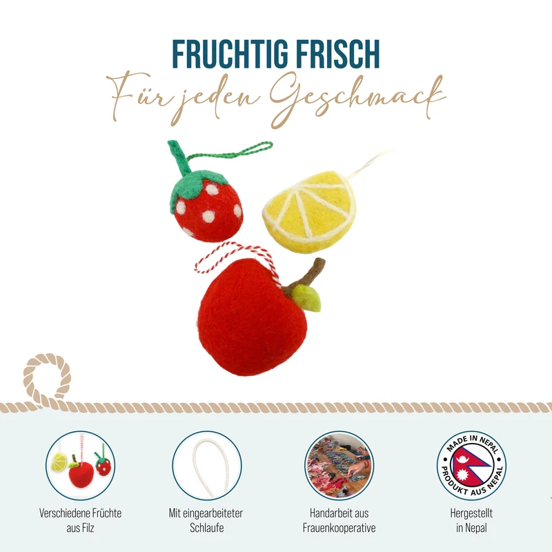 Obst Anhänger aus Filz im 3er Set – Apfel, Erdbeere, Zitrone