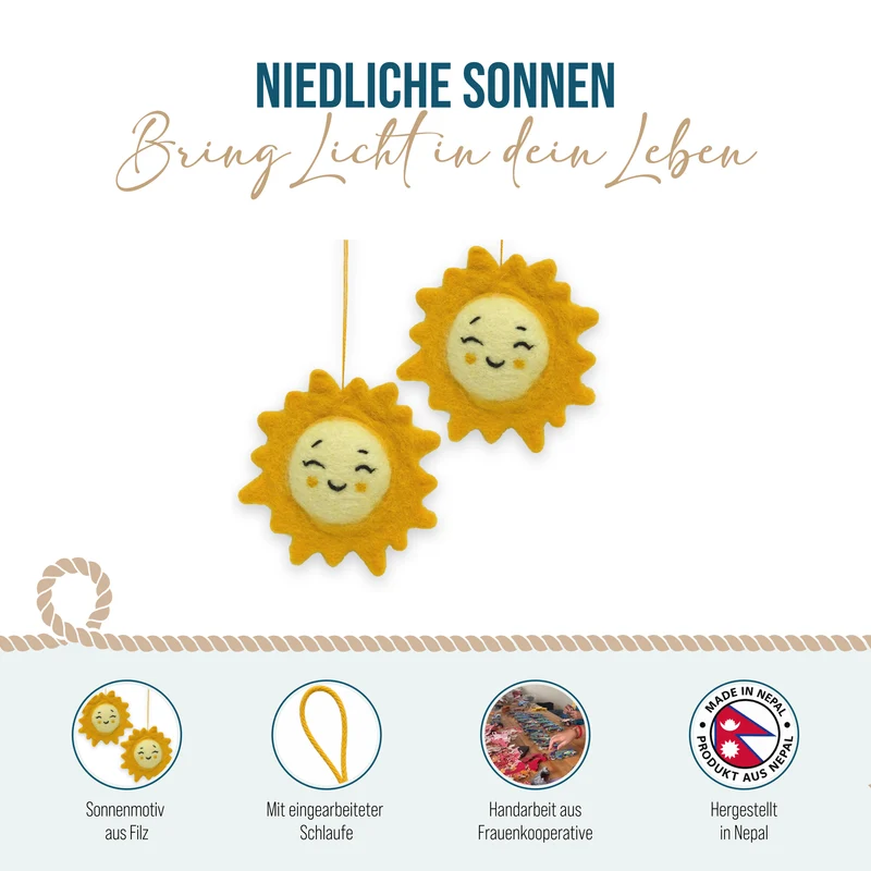 Sonne Anhänger aus Filz im 2er Set – lächelndes Gesicht in Gelb