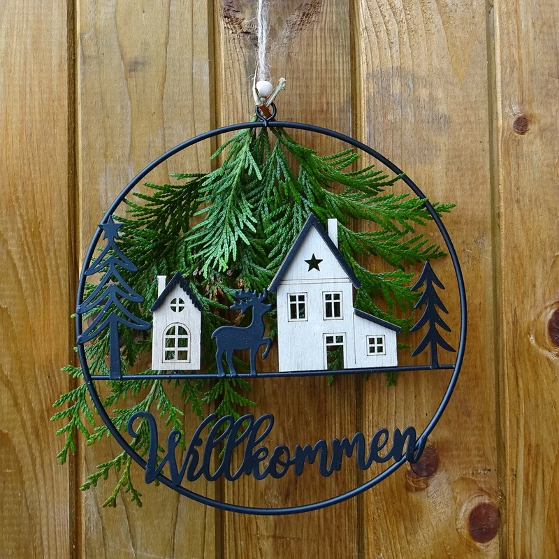 Metallring Willkommen Winterdorf 20 cm schwarz-Natur skandinavisch – Logbuch-Verlag