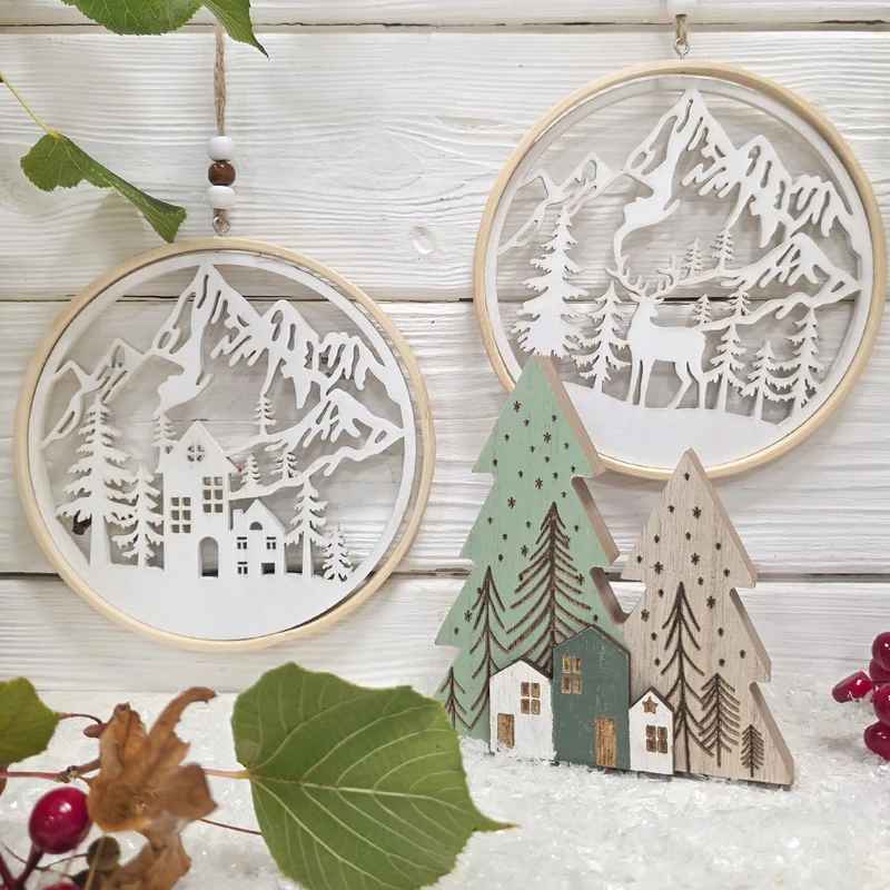 Holz-Dekoring Winterbild Häuser Berge Natur-weiß 15,5 cm Deko zum Aufhängen – Logbuch-Verlag