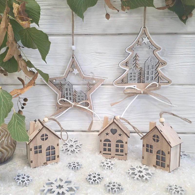 Weihnachtsanhänger Baum & Stern Winterstadt 2er Set H 15 B 15 cm – Natur-Silber – Logbuch-Verlag