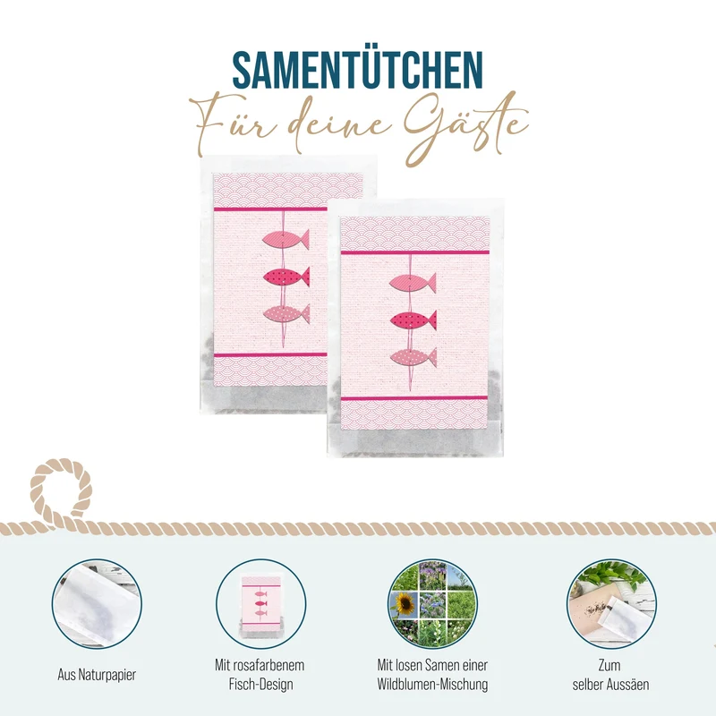 Samentütchen Drei Fische Rosa 10er Set für Taufe und Kommunion