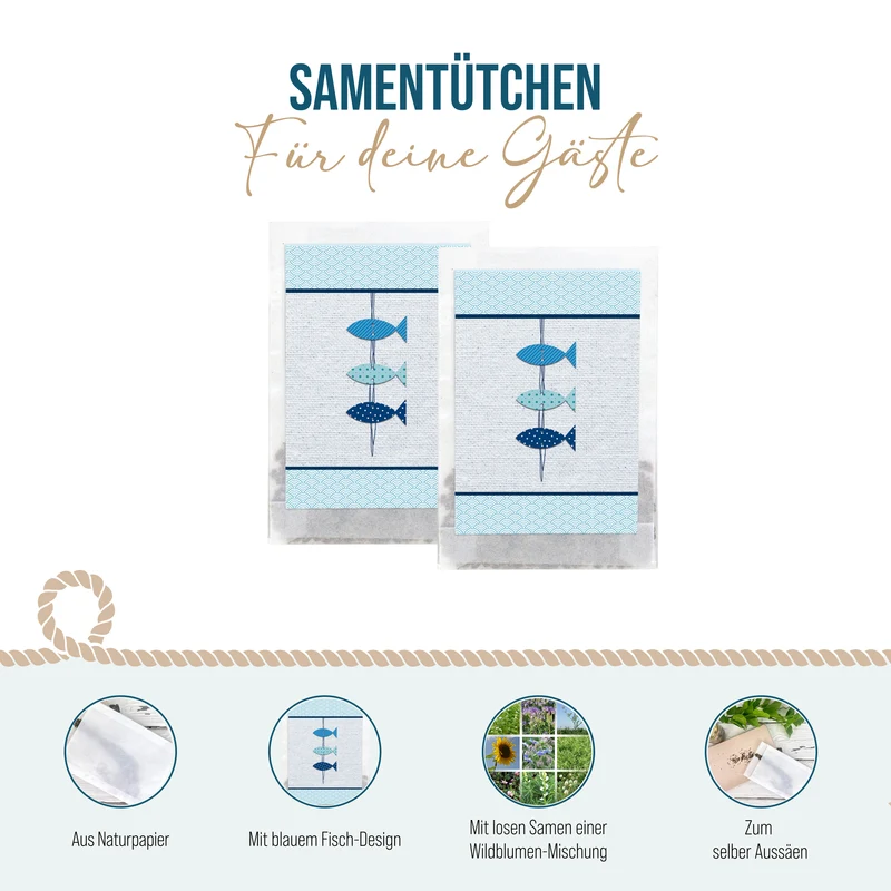 Samentütchen Drei Fische Blau 10er Set für Kommunion und Konfirmation