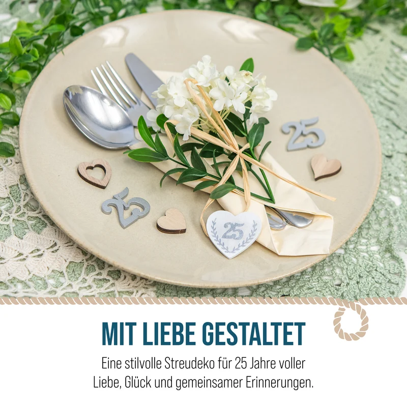 24 Holz-Streuteile 25 in Weiß-Silber – Deko zur Silberhochzeit