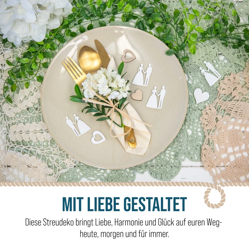12 Holz-Streuteile Hochzeitspaar in Weiß – Tischdeko zur Hochzeit