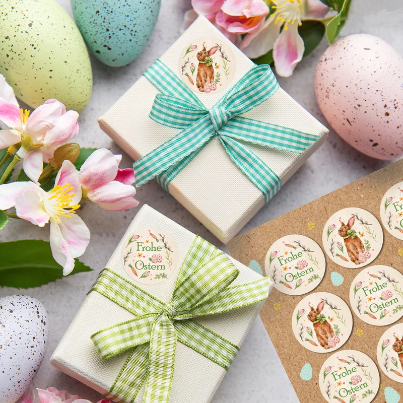 Oster Aufkleber Hase rund 4 cm - 24 Stück Sticker Frohe Ostern Geschenkaufkleber für Osternest Geschenke Briefe Basteln Frühling Vintage Osterhase - Logbuch-Verlag