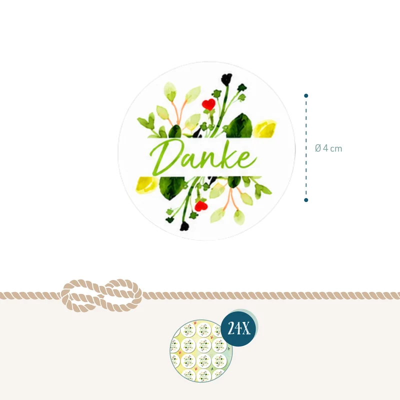 Danke Sticker Set 24 Stück Blumenmotiv rund Ø 4 cm Aufkleber für Dankesgeschenke Karten und DIY