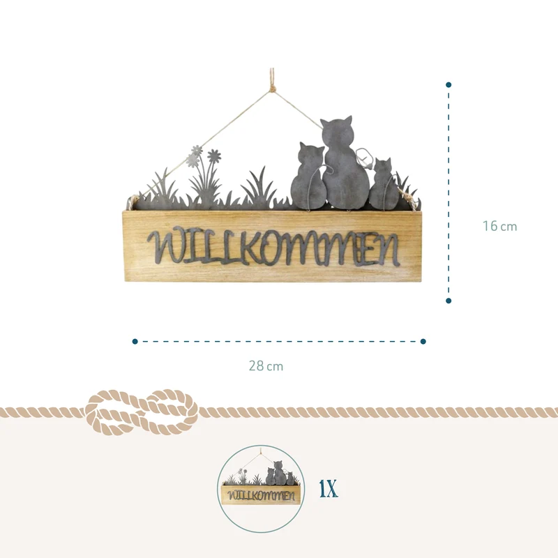 Holz-Metall-Schild Willkommen mit Katze ca. 28 x 16 cm – Türschild und Wanddeko in Natur, Grau und Weiß