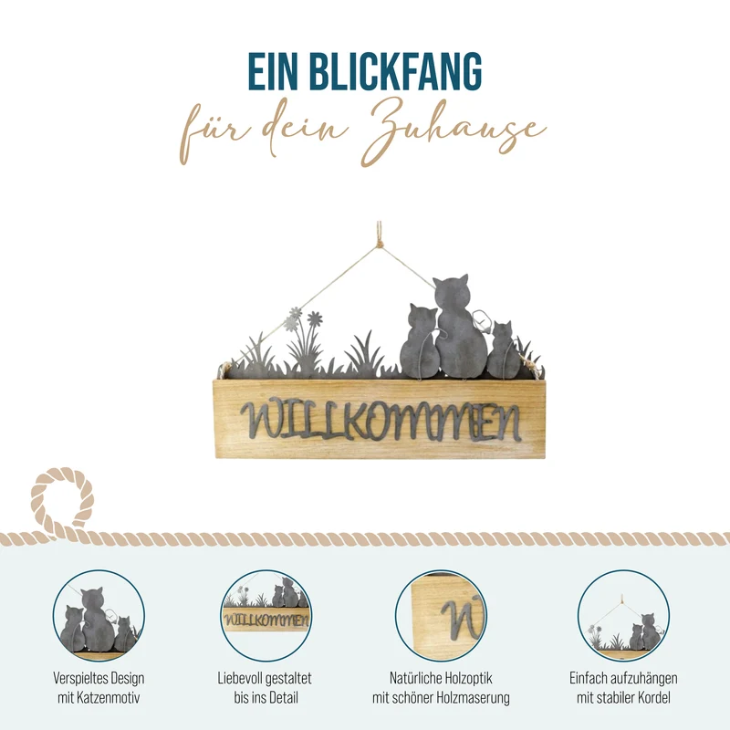 Holz-Metall-Schild Willkommen mit Katze ca. 28 x 16 cm – Türschild und Wanddeko in Natur, Grau und Weiß