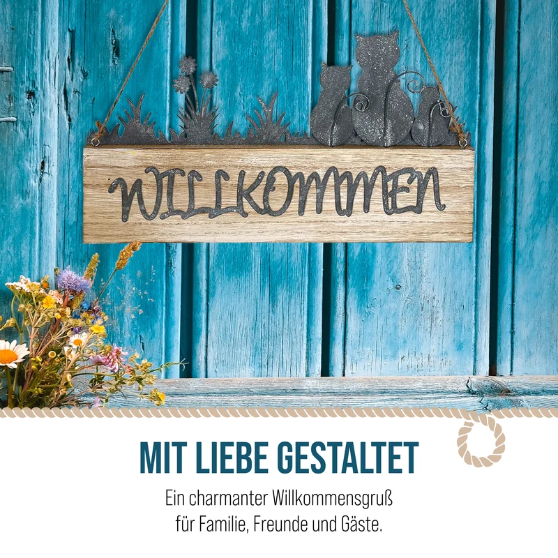 Holz-Metall-Schild Willkommen mit Katze ca. 28 x 16 cm – Türschild und Wanddeko in Natur, Grau und Weiß