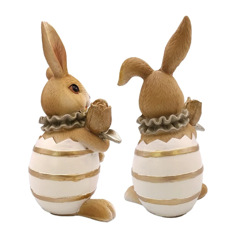 Logbuch-Verlag Hasen in Ei 2er Set aus Magnesia – Osterfiguren braun-weiß 12 cm – Frühlingsdeko zum Hinstellen