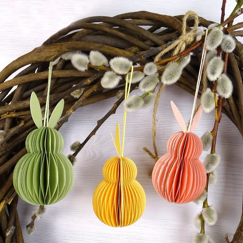Honeycomb Hase grün 3er-Set – Hänger aus Papier/Pappe 10 cm hoch – Osterdeko in Wabenoptik zum Aufhängen für Frühling, Fenster oder Zweige – Logbuch-Verlag