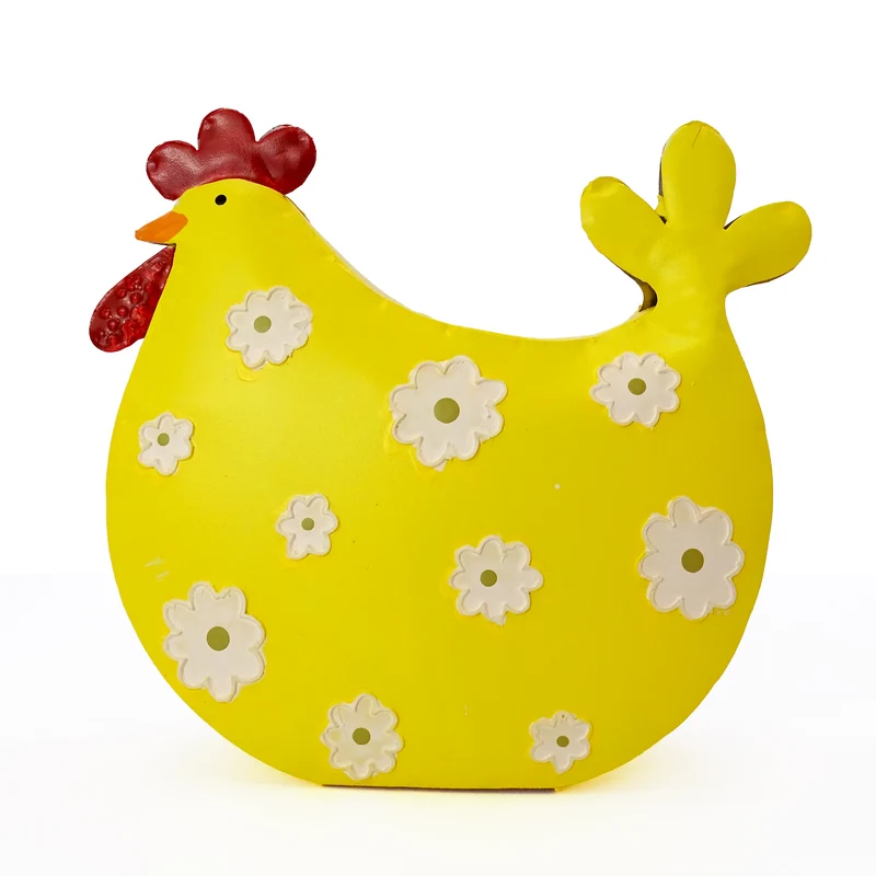 Metall-Henne Gelb mit Streublumen – Osterdeko zum Aufstellen