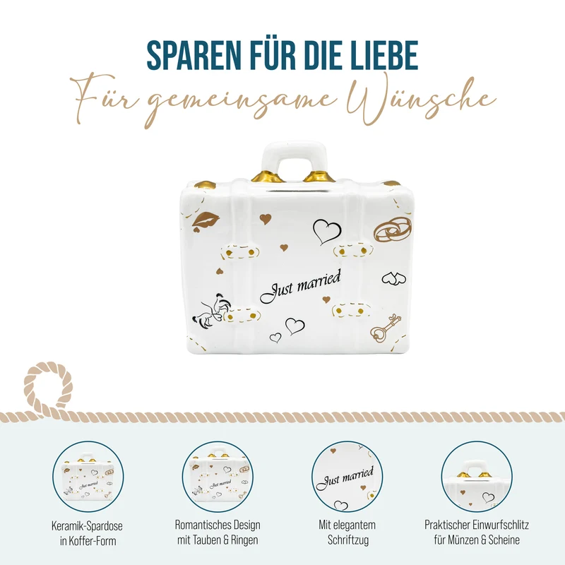Spardose Koffer Just Married – Hochzeits-Spardose aus Keramik