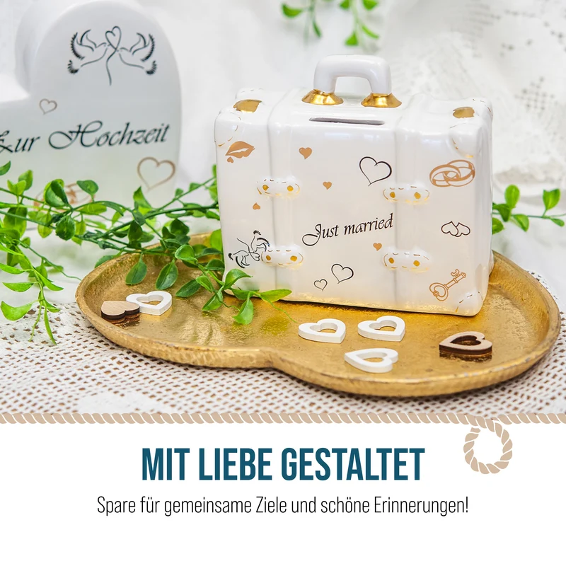 Spardose Koffer Just Married – Hochzeits-Spardose aus Keramik